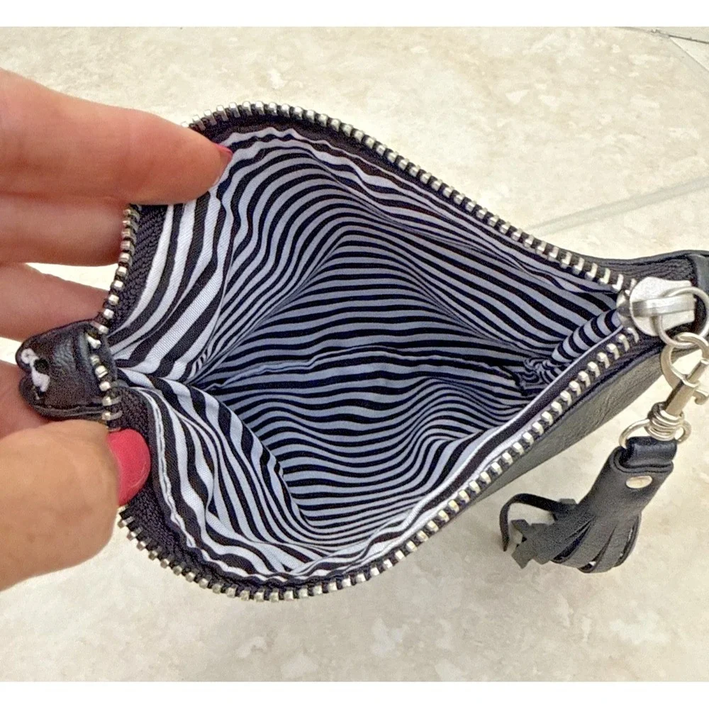 New Sephora Makeup Bag Black Faux Leather Zebra Lining Zip W/ Tassel Size Small